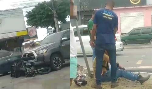 Motocicleta fica presa sob para-choque de carro após colisão na Bomba do Gonzaga