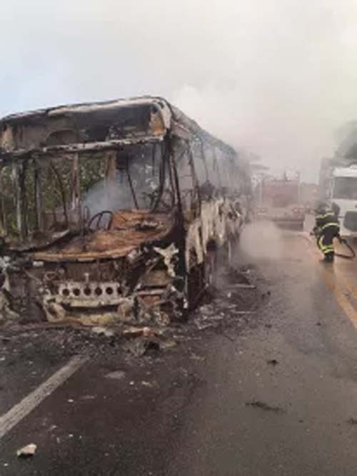Motociclista morre e ônibus é destruído por incêndio após colisão na BR-316