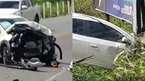 Acidente na AL-101 termina com mulher caminhando ao lado de carro destruído