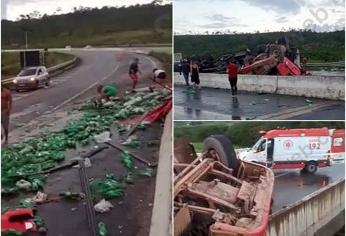 Carreta que transportava carga de refrigerantes tomba e motorista morre na ‘ladeira da Sinimbu’ em Jequiá