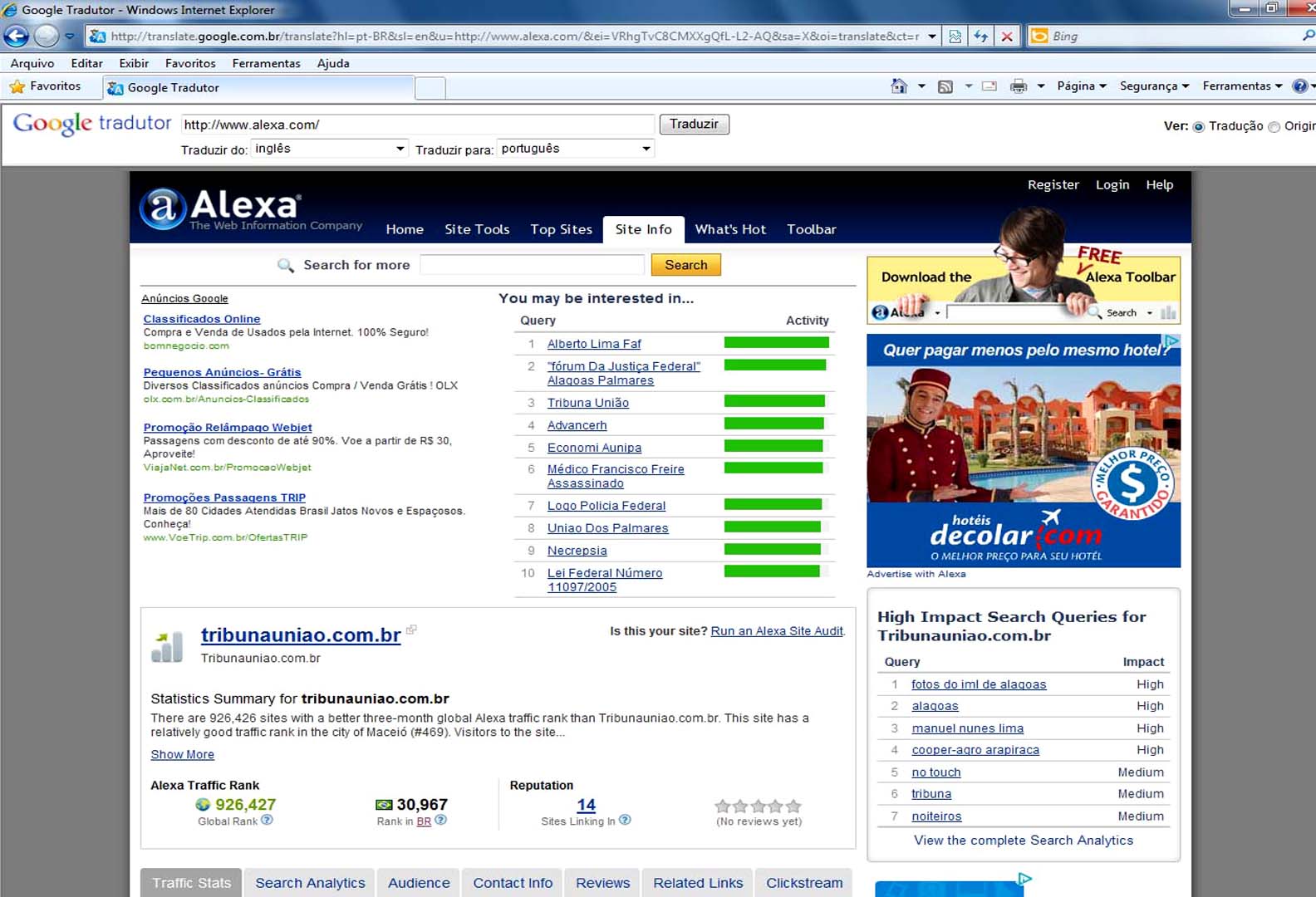 Site de Pesquisas Alexa classifica a TRIBUNA como o site 30.967 mais visitado do Brasil