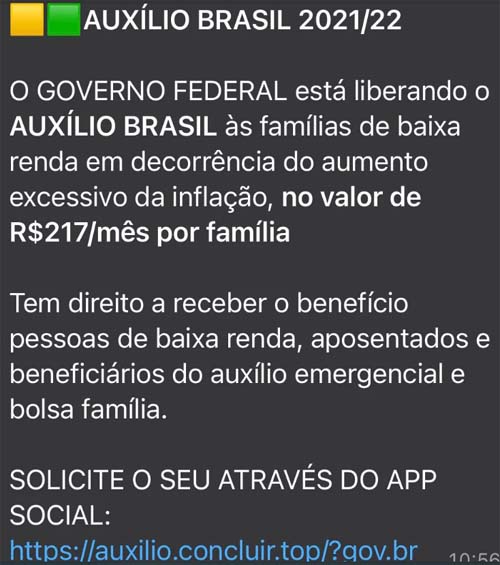 É fake link para cadastro no Auxílio Brasil que circula no WhatsApp
