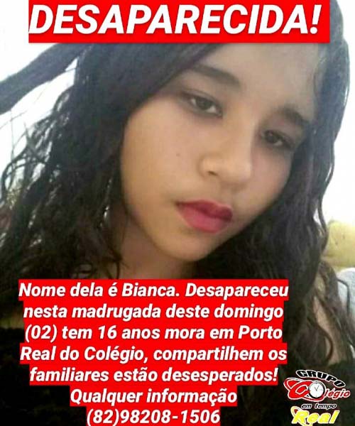 Familiares procuram adolescente de 16 anos que desapareceu em Porto Real do Colégio