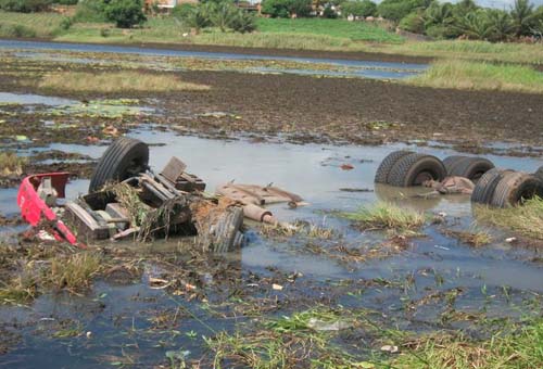 Caminhão mata idoso e cai em açude na AL-220 em Arapiraca