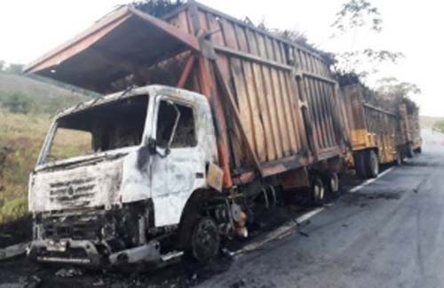 Caminhão carregado com cana-de-açúcar pega fogo em Murici