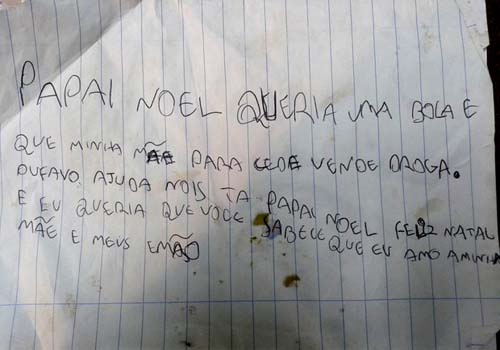 Por carta, menino pede ao Papai Noel que mãe pare de vender drogas