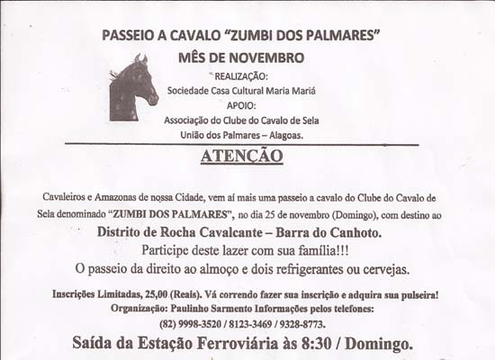 Passeio a Cavalo Zumbí dos Palmares será realizado amanhã em União