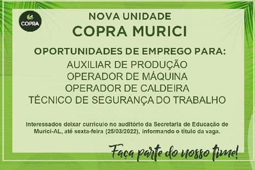 Geração De Emprego: Copra Abre Inscrições Para Unidade Murici