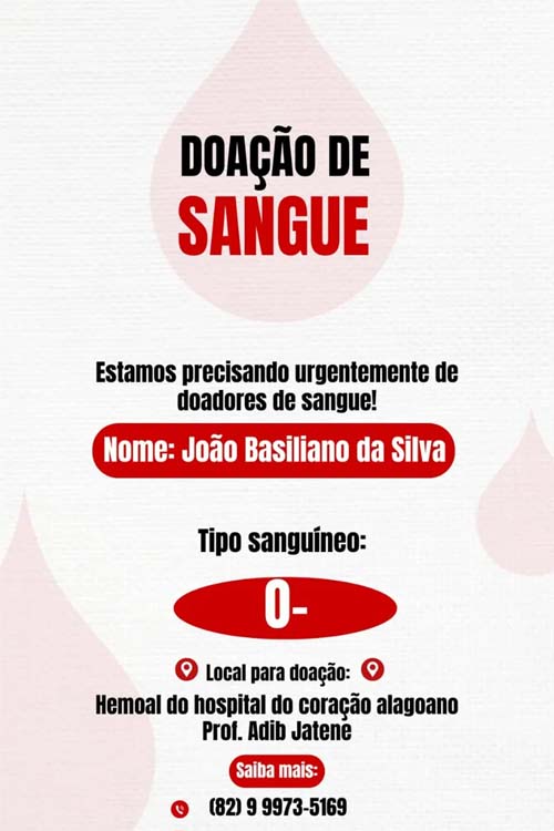 Família solicita doação de sangue para idoso que aguarda cirurgia cardíaca em Maceió