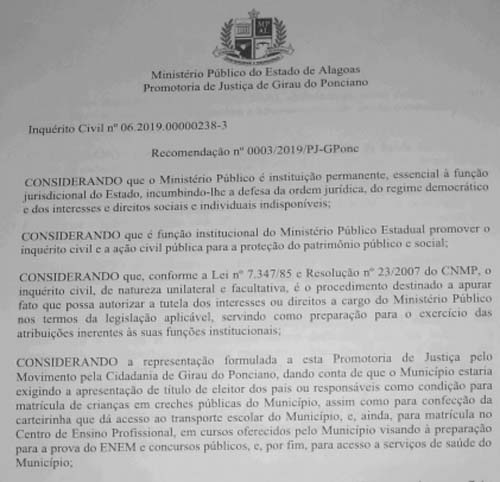 Girau: MP investiga obrigatoriedade do título de eleitor para matrículas em creches