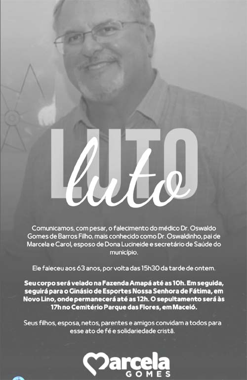 Pai da prefeita de Novo Lino e secretário de Saúde do município morre aos 63 anos