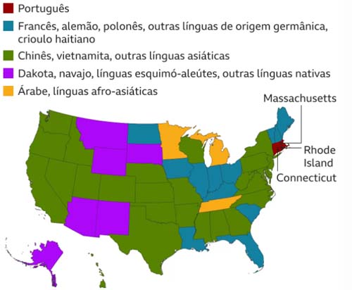 Mapa mostra 3 Estados dos EUA onde português é língua mais falada após inglês e espanhol