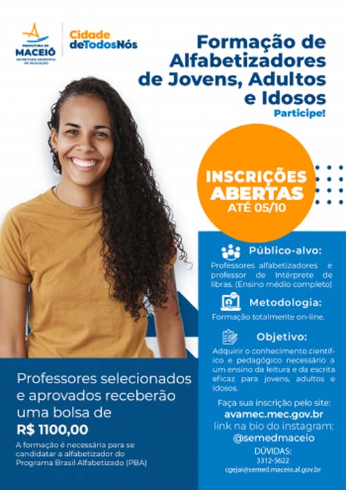 Educação de Maceió abre inscrições para formação de alfabetizadores de Jovens, Adultos e Idosos