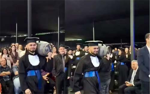 Filho leva botijão de gás na formatura para honrar o pai; assista
