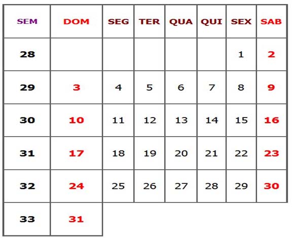 Julho de 2011 terá cinco sexta-feiras, cinco sábados e cinco domingos