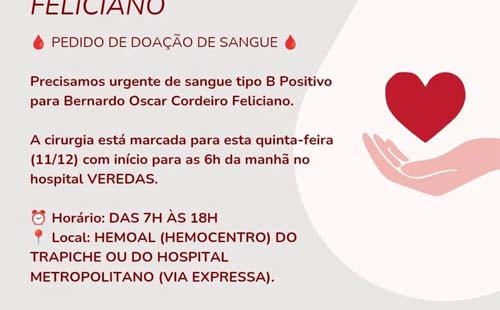 Família faz apelo por doações de sangue para criança que passará por cirurgia emergencial