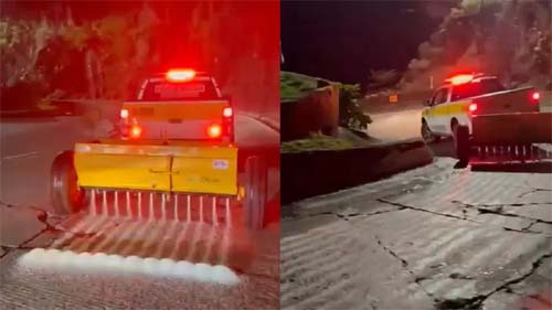 Polícia espalha 500 kg de sal em rodovia de Santa Catarina para evitar gelo durante frente fria