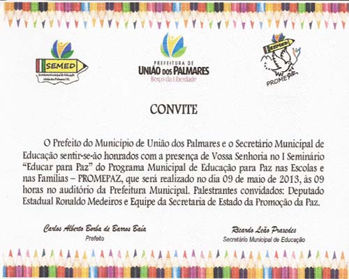 Prefeitura e Secretaria de Educação de União promovem o Seminário 'Eduarcar Para a Paz' nesta quinta feira em União